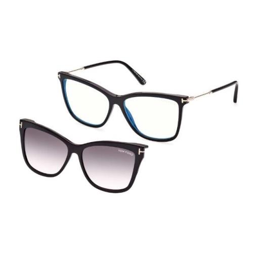 Tom Ford FT5824-B 001 Shiny Black/blue Block Cat-eye Eyeglasses with Clip-ons