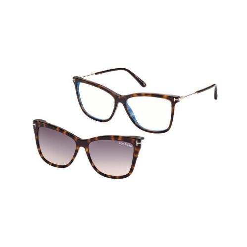 Tom Ford FT5824-B 052 Shiny Dark Havana/blue Block Eyeglasses with Clip-ons