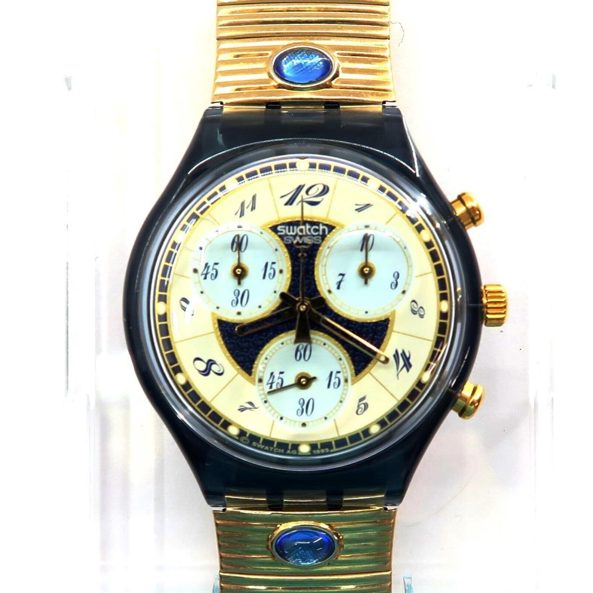 Swatch Chrono Watch Volupte SCM104 with Case Papers 1994 Gents Battery - Dial: Blue, Gold, Yellow, Band: Gold, Bezel: Clear