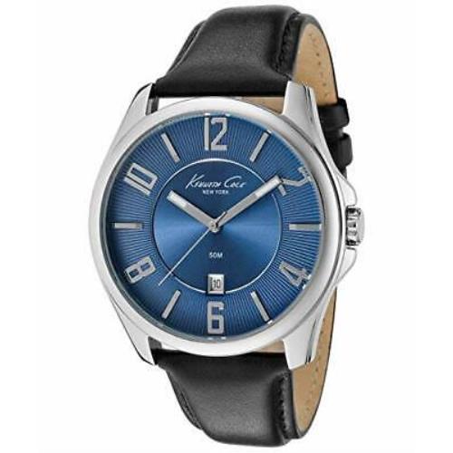 Kenneth Cole NY Blue Dial Date Black Leather Strap Men`s Watch KC1569BL