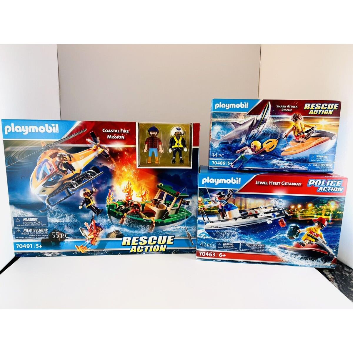 Playmobil Toys Set Of 3 Coastal Fire Mission Jewel Heist Shark Attack
