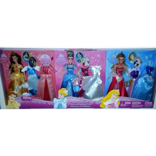 Disney Sparkling Princesses 3 Dolls 9 Fashions Belle Cinderella Aurora 12 Tiara