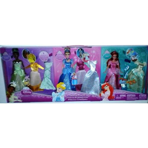 Disney Sparkling Princesses 3 Dolls 9 Fashions Tiana Cinderella Ariel Mermaid