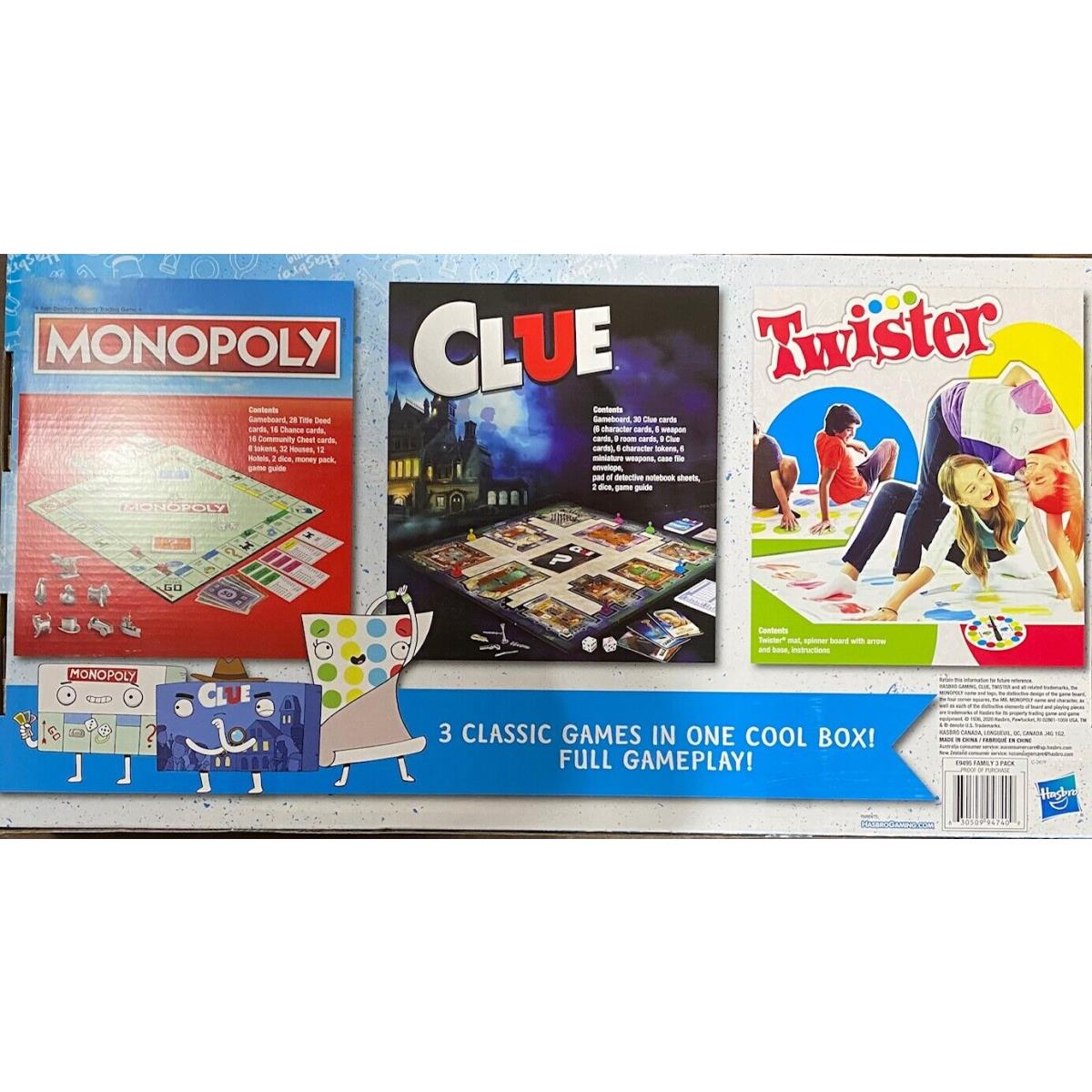 Hasbro Monopoly/clue/twister Triple Play Pack of 3 Family Board Games