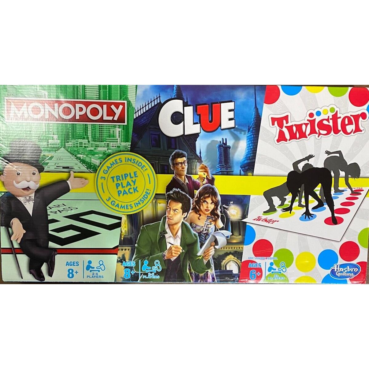 Hasbro Monopoly/clue/twister Triple Play Pack of 3 Family Board Games