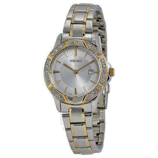 Seiko Silver Dial Date Crystals Two-tone St. Steel Women`s Watch SUR876