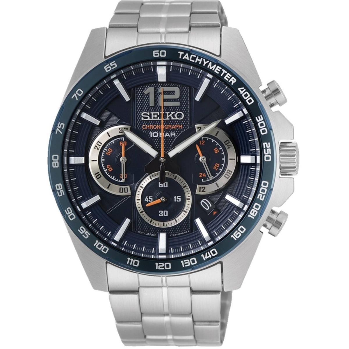 Seiko Men`s Watch Essentials Chronograph Blue Dial Silver Tone Bracelet SSB345