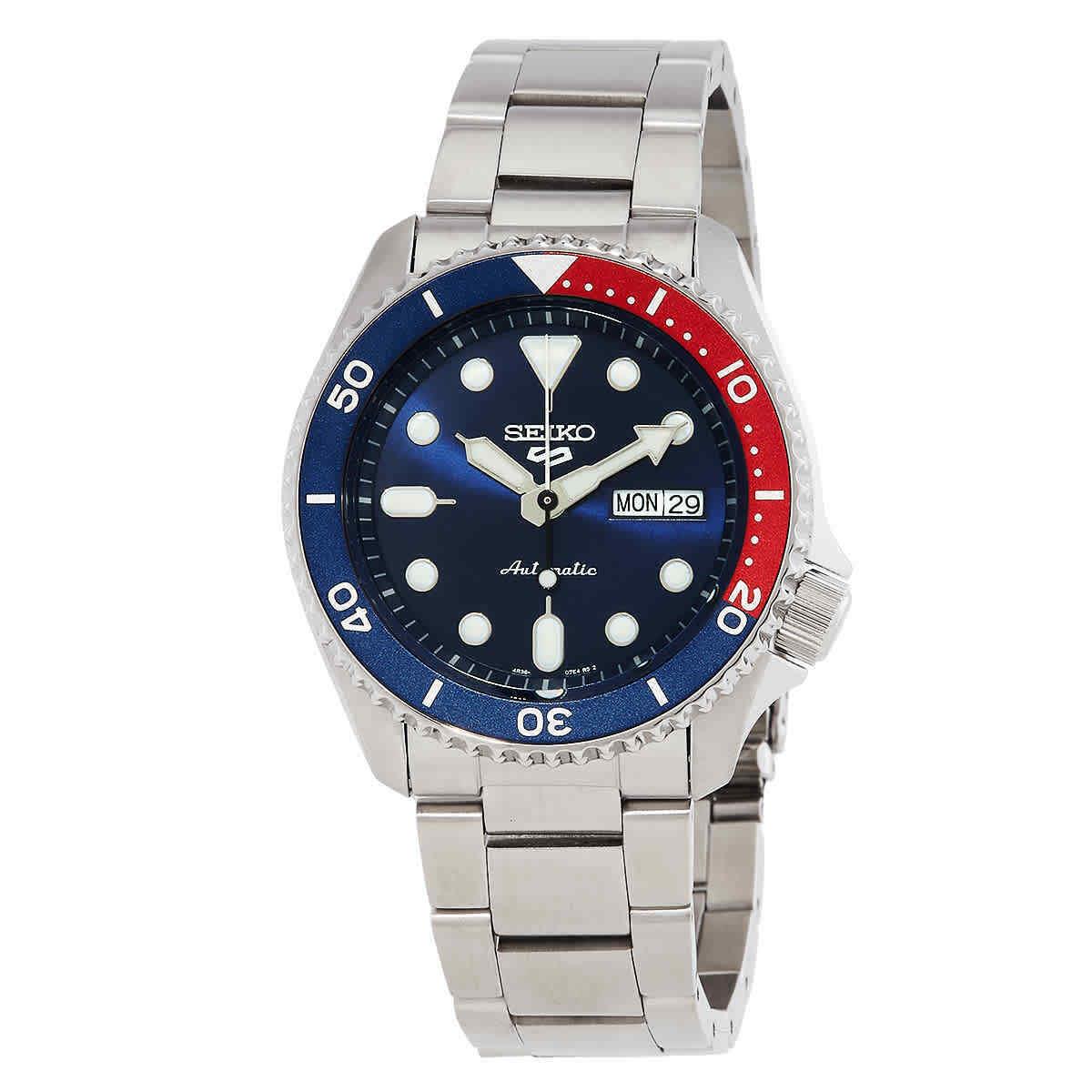 Seiko 5 Sports Automatic Blue Dial Pepsi Bezel Men`s Watch SRPD53K1 - Dial: Blue, Band: Silver, Bezel: Red, Blue