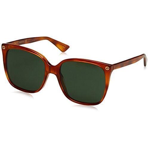 Gucci GG0022S-002 Sunglasses Avana / Green Lens Tortoise Brown Gold Logo Cat Eye