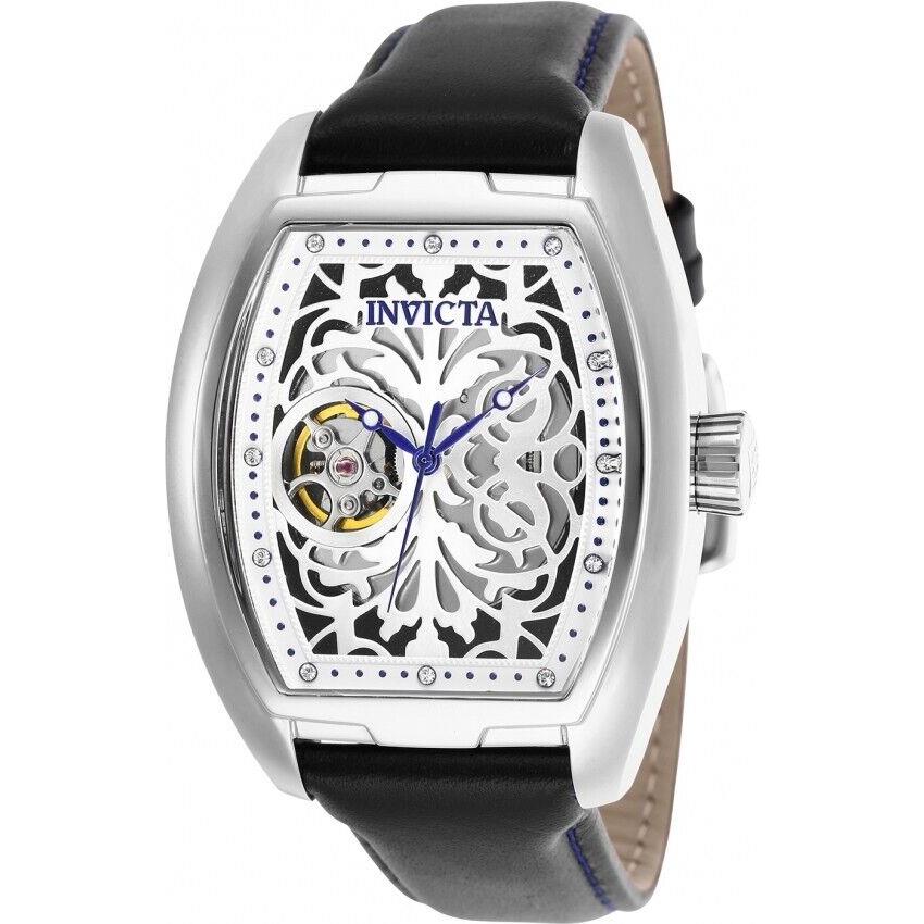 Invicta S1 Rally Automatic Men`s Watch - 42mm Stainless Steel Case Leather Band - Dial: Silver, Band: Black, Bezel: Silver