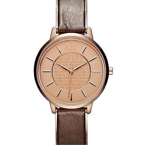 Armani Exchange Brown Leather Band+rose Gold Tone Logo Dial Watch AX5302+BOX