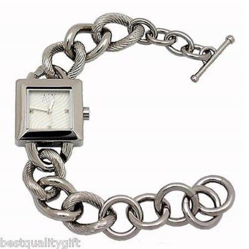 Armani Exchange Silver Tone Chain Link+square White Dial Bracelet Watch AX4024