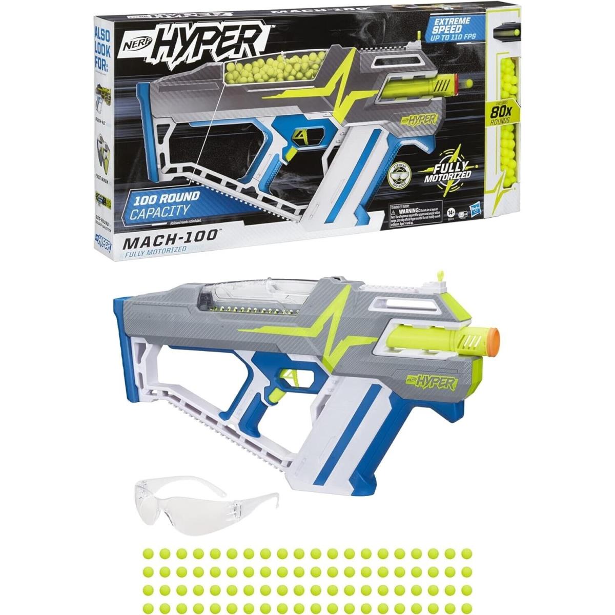 Nerf Hyper Mach-100 Fully Motorized Blaster - Comes w 80 Hyper Rounds Eyewear