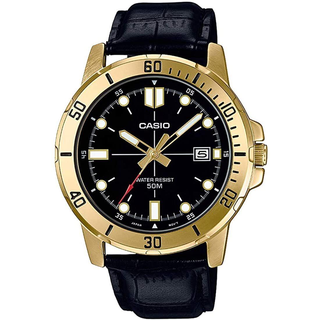 Casio Men`s Enticer Leather Band Gold Tone Black Dial Casual MTP-VD01GL-1EVUDF