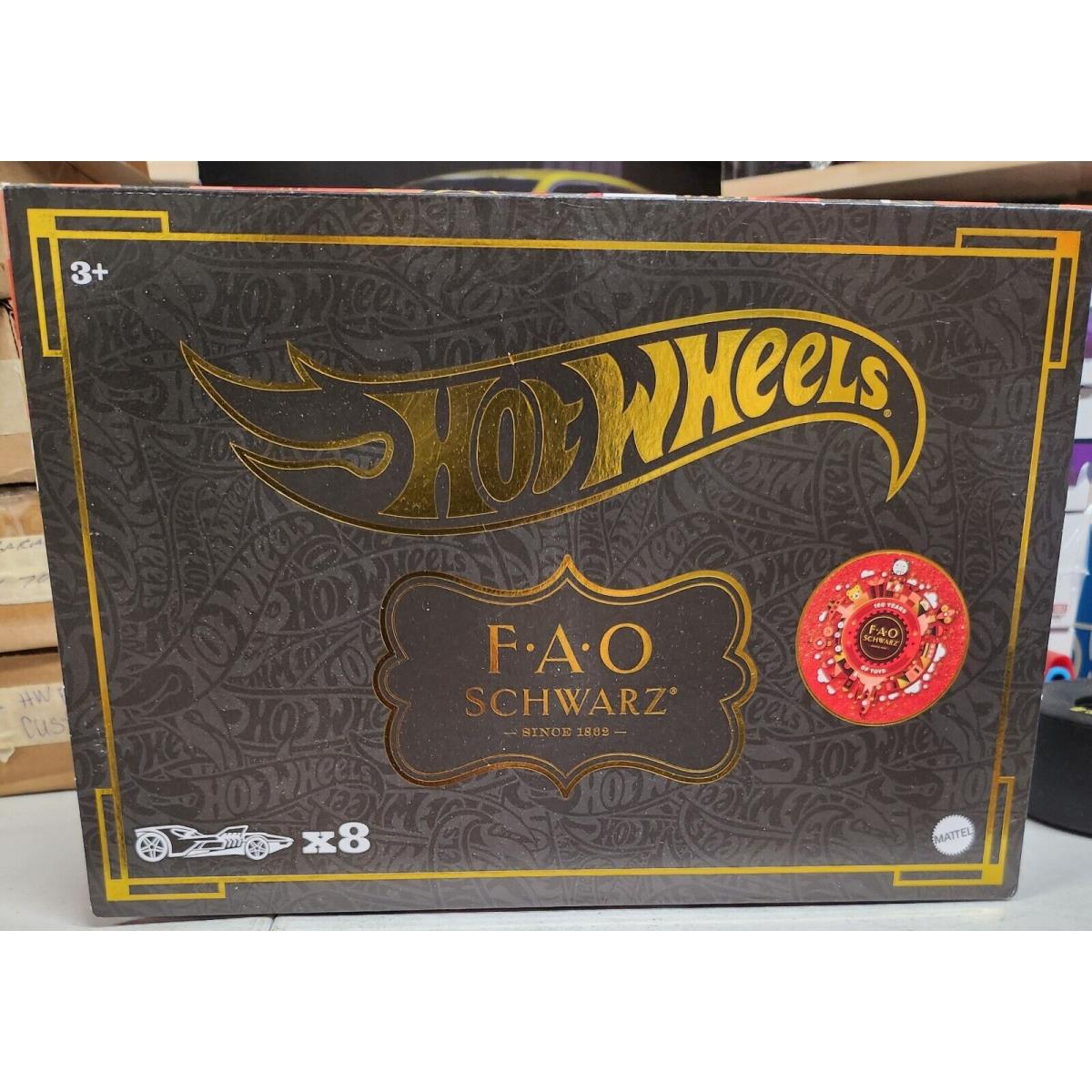 2023 Hot Wheels Fao Schwarz Collectors Box Set of 8 Gold Cars Box