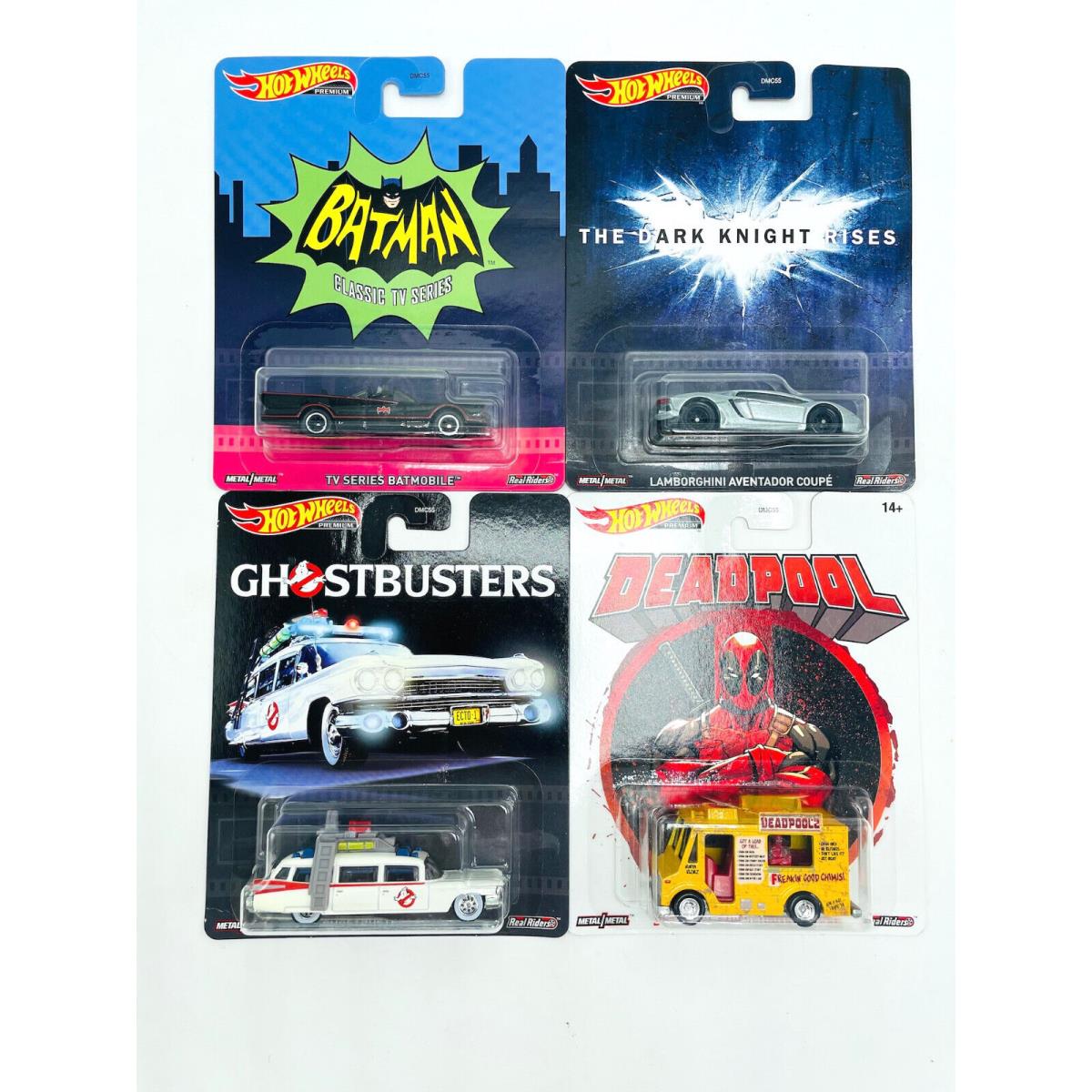 Set of 4 Hot Wheels Premium Cars Dark Night Deadpool Ghostbusters Classic Batman