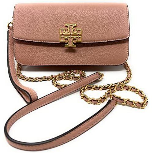 Tory Burch Women`s Britten Pebble Leather Chain Wallet Bag with Wristlet Pink Moon