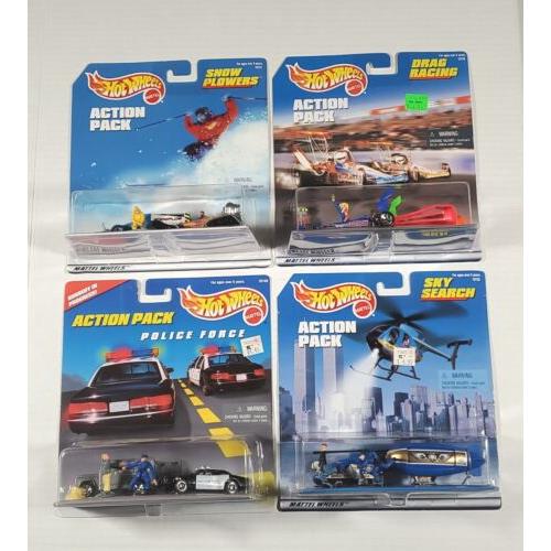 4 Hot Wheels Action Pack Sky Search Police Force Snow Plowers Drag Racing