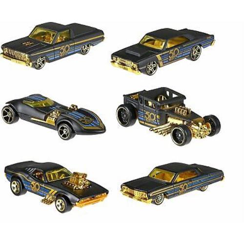 Hot Wheels 50th Anniversary Black Gold Collection - Set of 6pcs Diecast Model - Black , Gold
