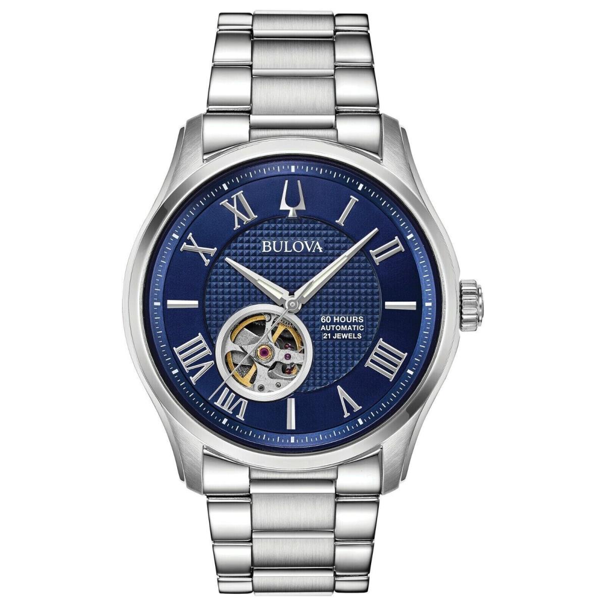 Bulova Blue Dial Silver Tone Open Arperture Automatic/mech Men`s Watch- 96A218 - Dial: Blue, Band: Silver, Bezel: Silver