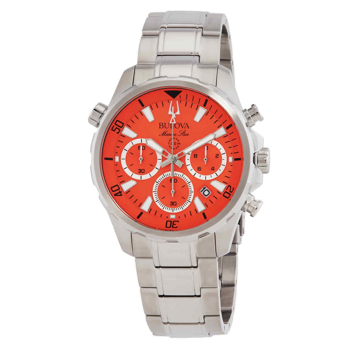 Bulova Marine Star Chronograph Quartz Orange Dial Men`s Watch 96B395 - Dial: Orange, Band: Silver, Bezel: Silver