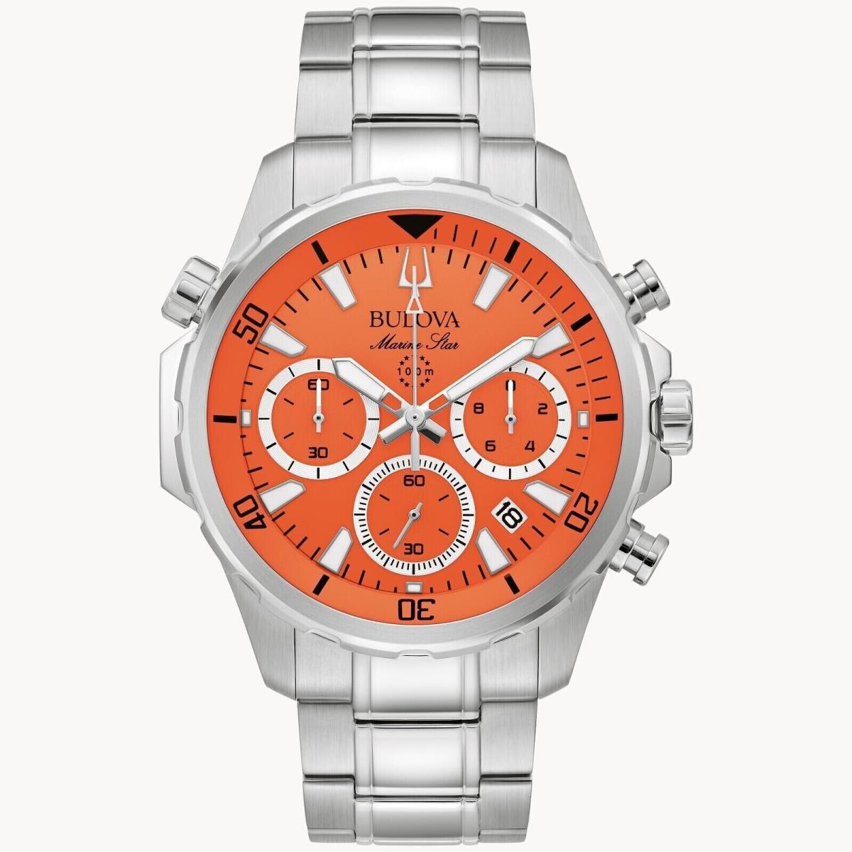 Bulova Men`s Marine Star Chronograph Watch 96B395 - Dial: Orange, Band: Silver, Bezel: Silver