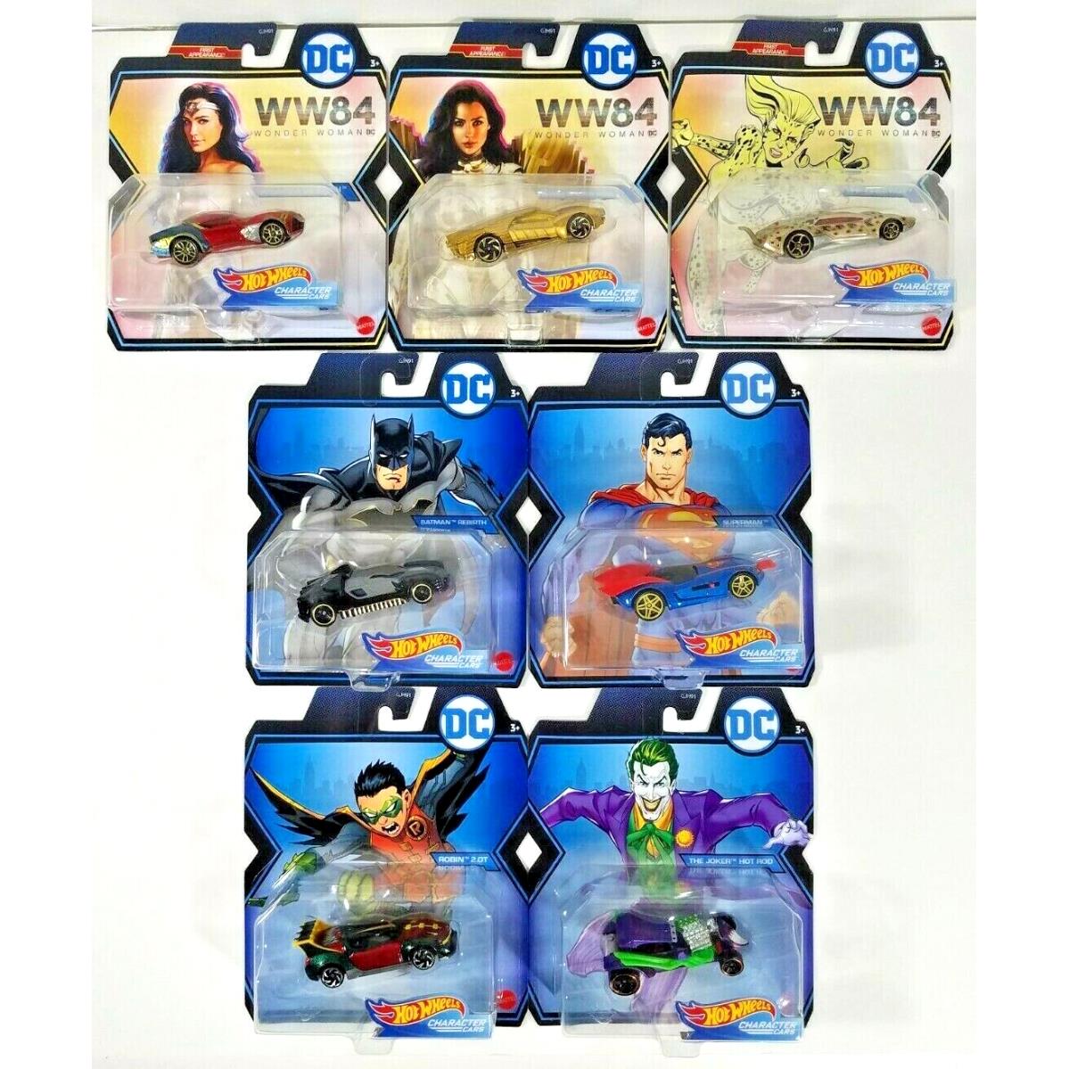 Joker Batman Robin Wonder Woman+ Complete Set of 7 Character Cars Hot Wheels DC
