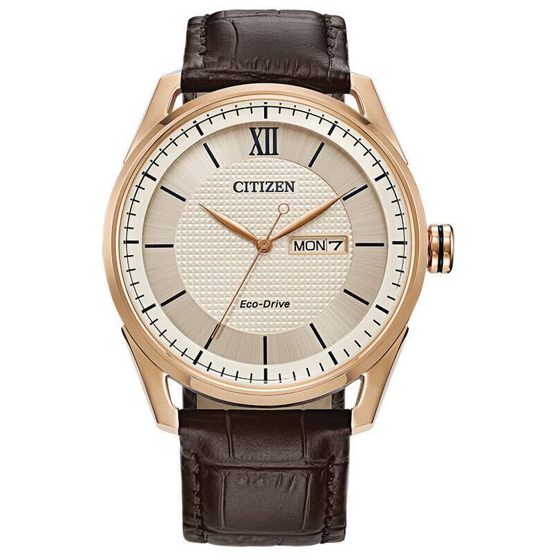 Citizen Men`s Eco Drive Classic Watch Rose Gold-tone Stainless Steel AW0082-01A - Dial: Beige, Band: Brown, Bezel: Gold, Pink, Rose Gold