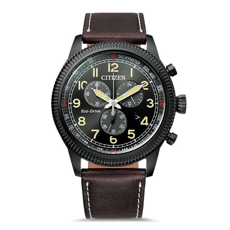 Citizen Black Dial Eco-drive AT2465-18E Chronograph Leather Band Men`s Watch