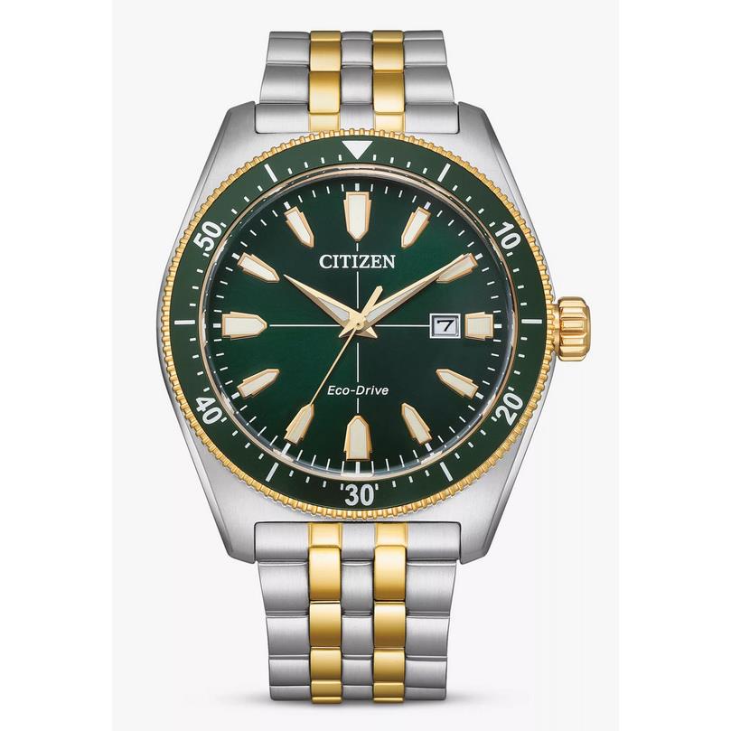 Citizen Eco-drive Green Dial Dual Tone Date Display Men`s Watch AW1594-89X