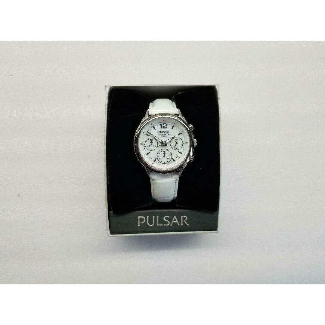 Pulsar Dress Chronograph Date White Mop Dial Leather Women`s Watch PT3085