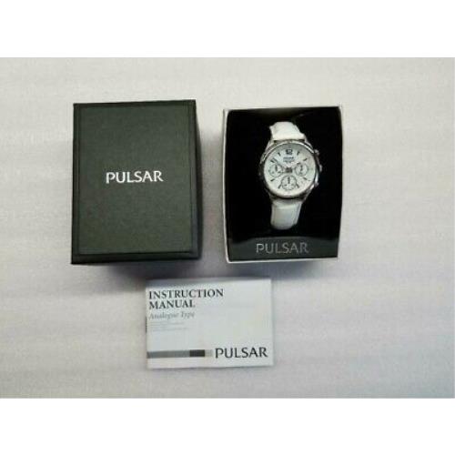 Pulsar Dress Chronograph Date White Mop Dial Leather Women`s Watch PT3085