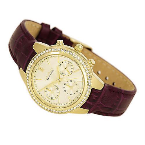 Caravelle New York 44L182 Crystal Chronograph Purple Leather Band Women`s Watch