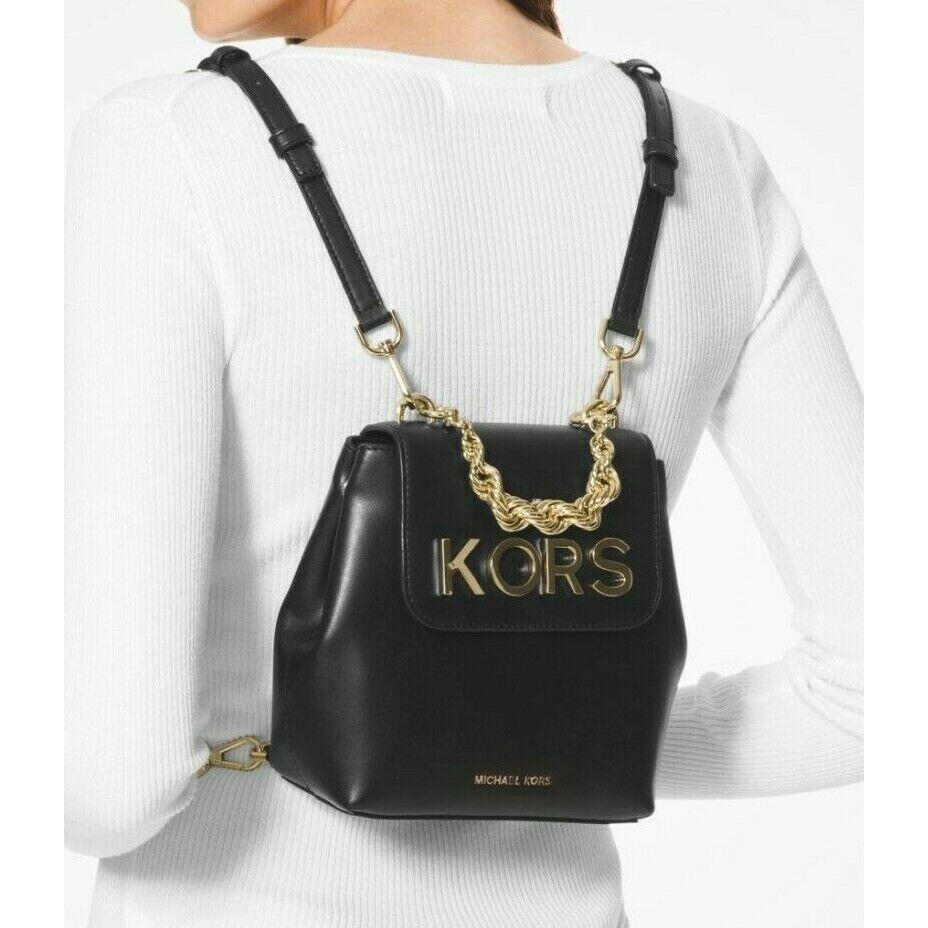 Michael Kors XS Mott Convertible Black Leather Backpack Rope Chain Kors