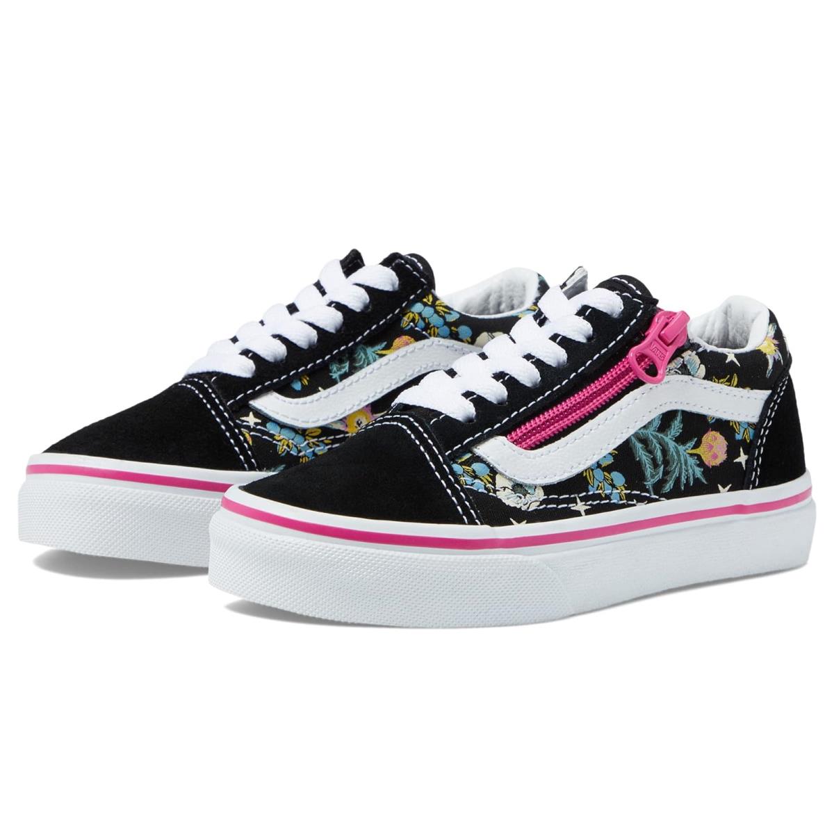 Girl`s Sneakers Athletic Shoes Vans Kids Old Skool Zip Little Kid Floral Black