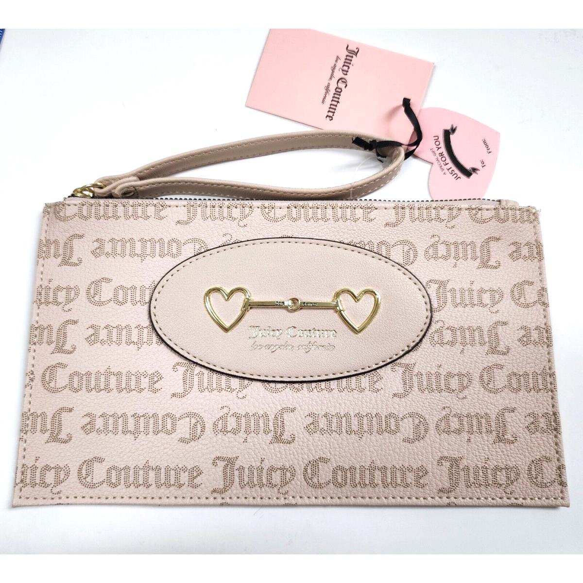 Juicy Couture Heart TO Heart Beige Sandastone Gold Logo Wristlet Bag Wallet