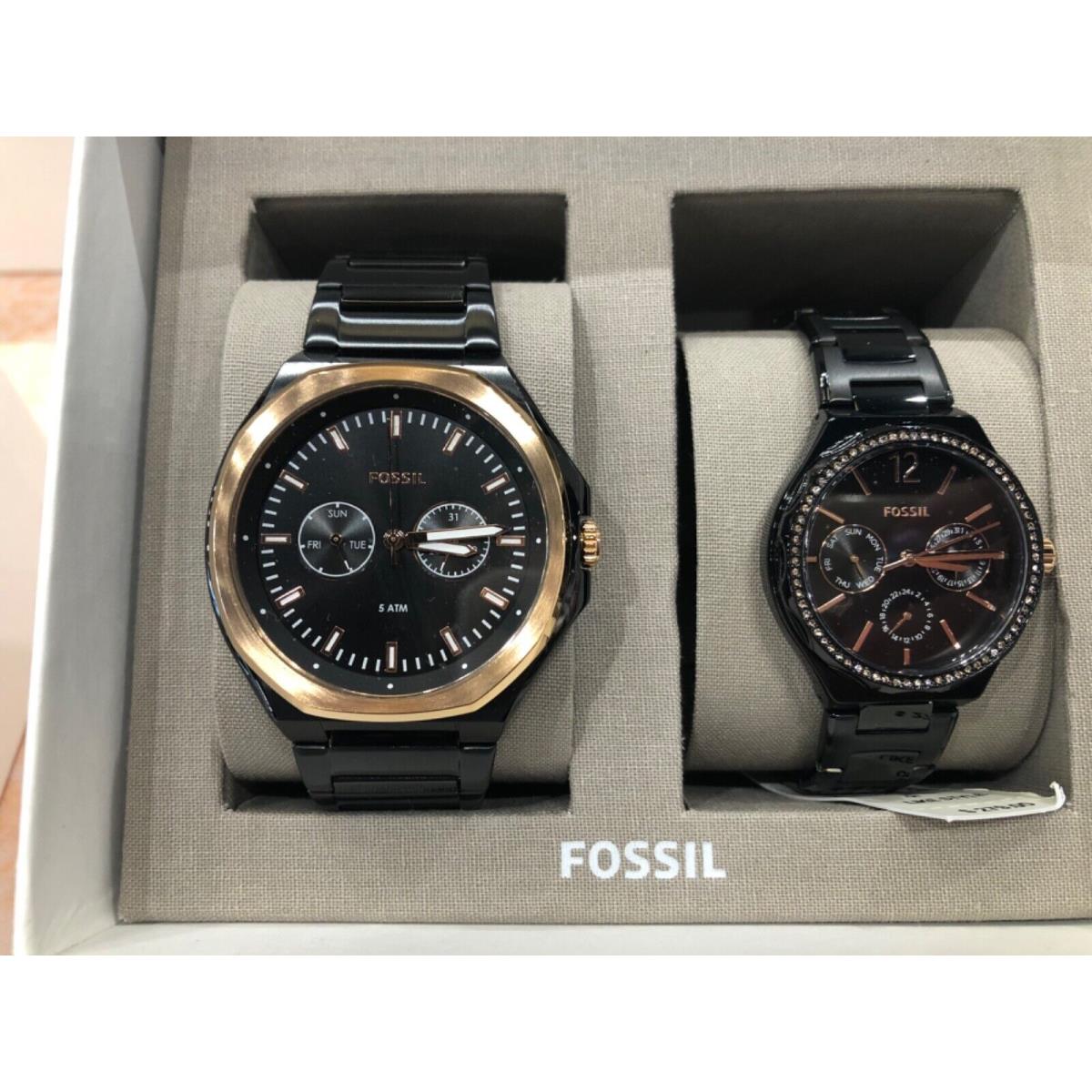 Fossil Couple Set His Her Black Stainless Steel Watch Evanston BQ2645SET