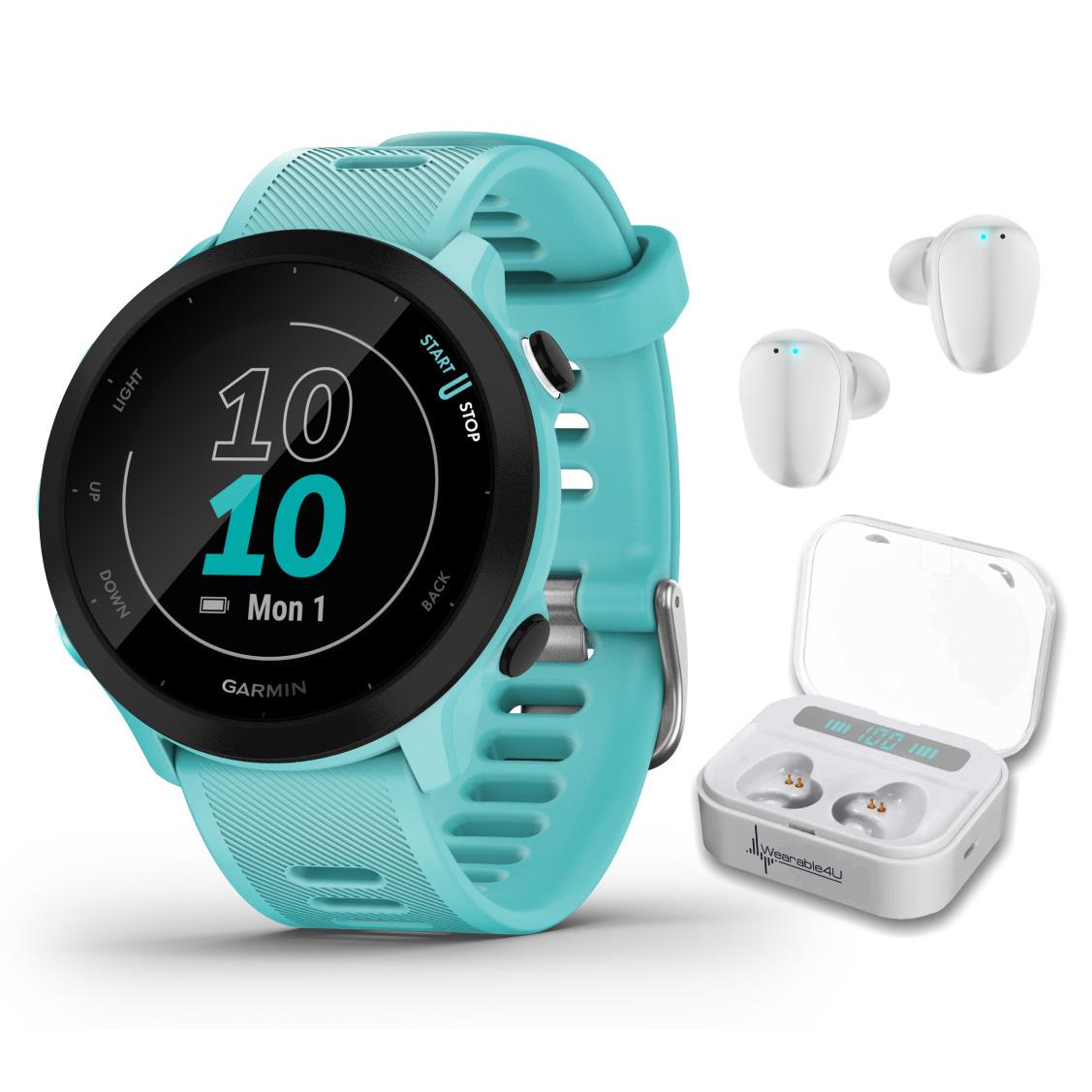 Garmin Forerunner 55 Gps Running Multisport Smartwatch with Wearable4U Bundle Aqua + White EarBuds