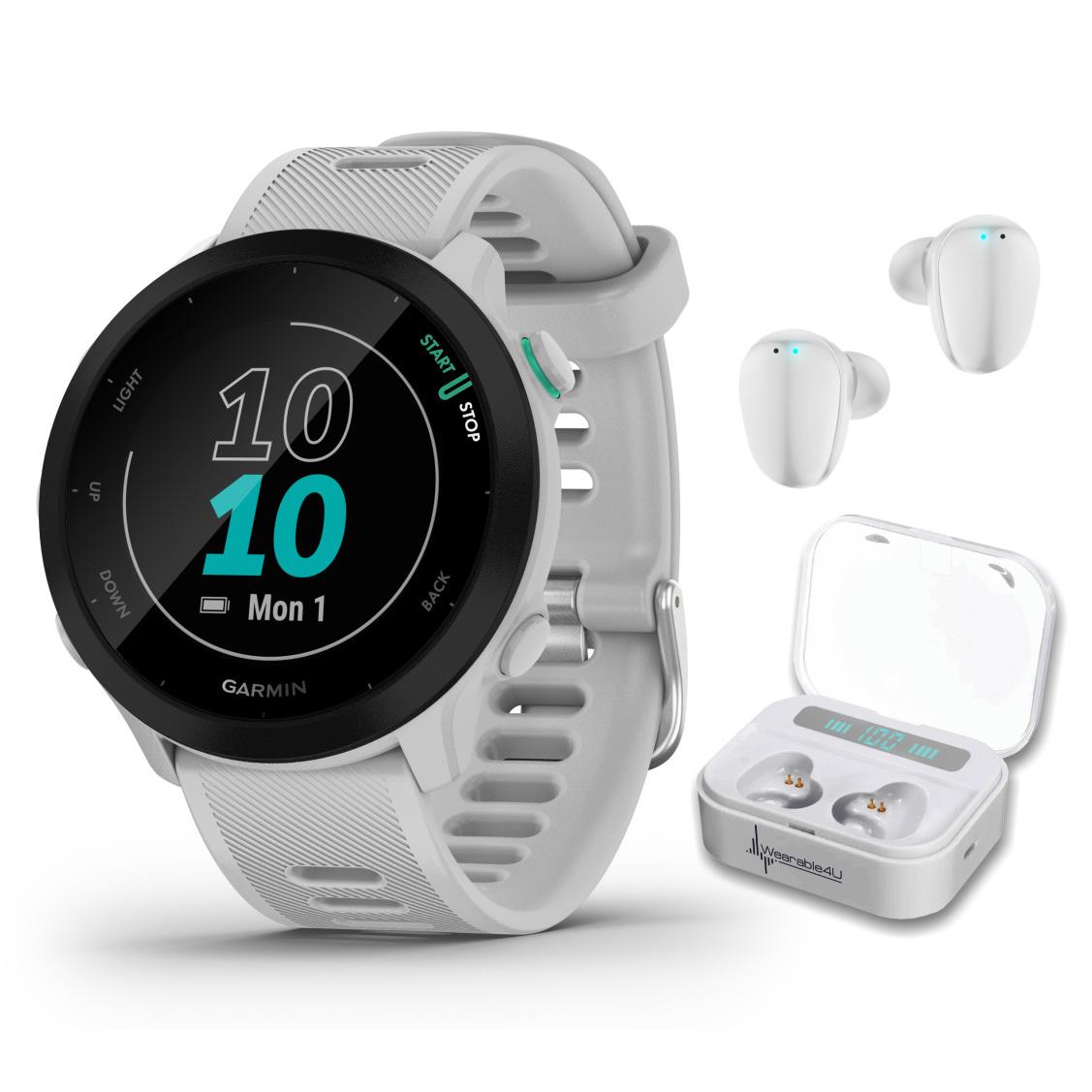 Garmin Forerunner 55 Gps Running Multisport Smartwatch with Wearable4U Bundle White + White EarBuds