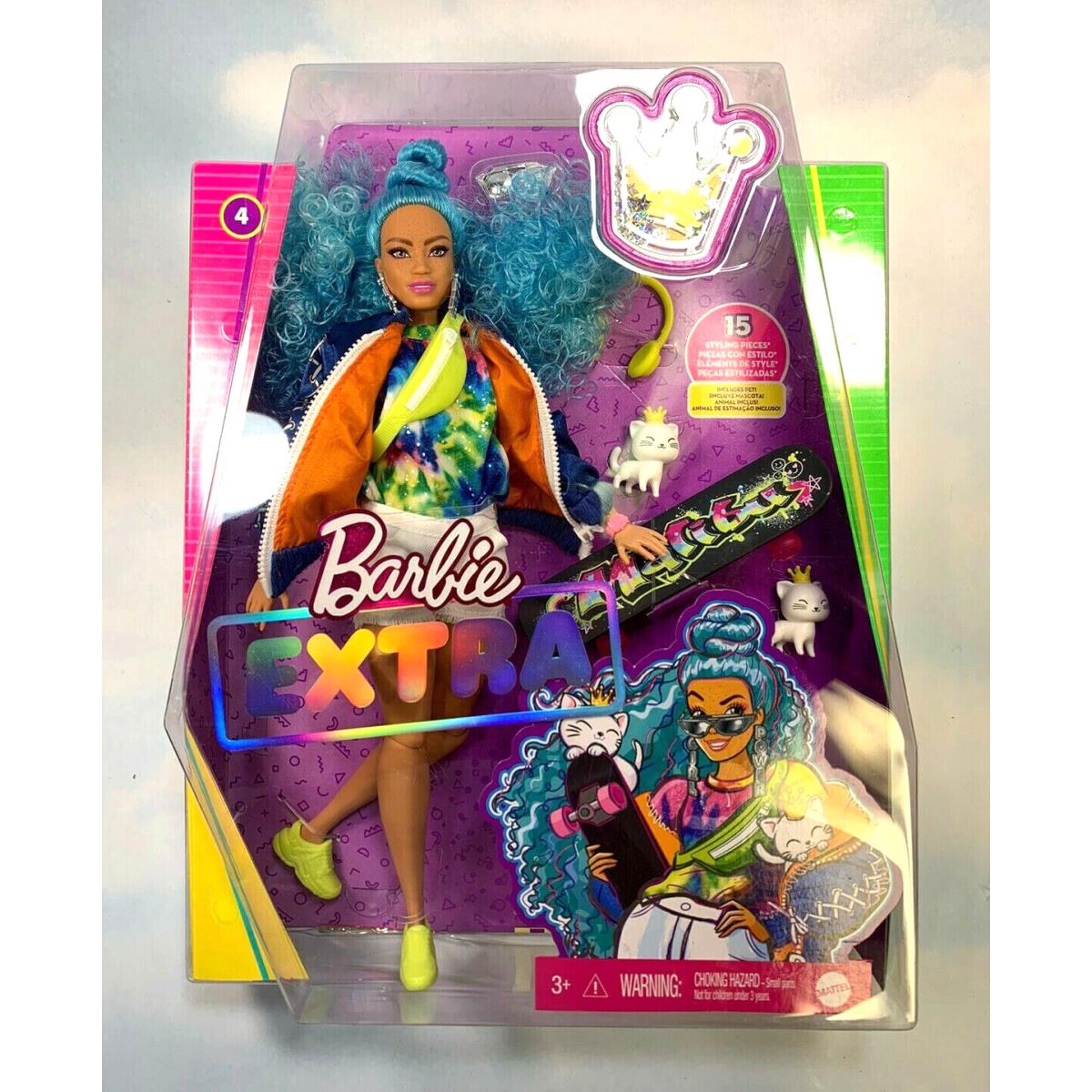 Barbie Extra Doll 4: Blue Curly Hair Freckles Skateboard Two Kittens Ethnic