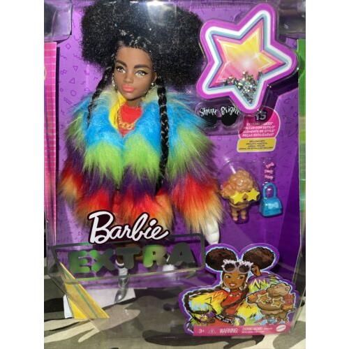Barbie Extra Doll 1 in Furry Rainbow Coat with Pet Poodle Brunette Afro-puffs