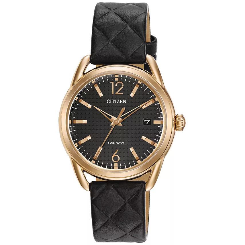 Citizen 1266 Eco-drive FE6083-13E Women`s Black Quilted Leather Strap Watch 34mm