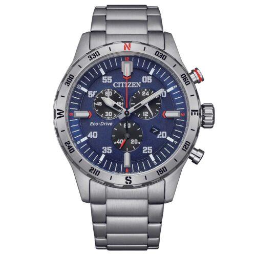 Citizen Men`s Watch Eco-drive Black and Blue Dial Steel Chronograph AT2520-89L - Dial: Blue, Black, Band: Silver