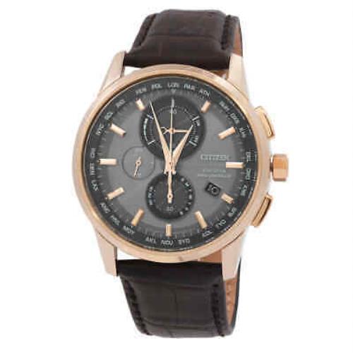 Citizen Perpetual World Time Chronograph Grey Dial Men`s Watch AT8113-12H - Dial: Gray, Band: Brown, Bezel: Gold