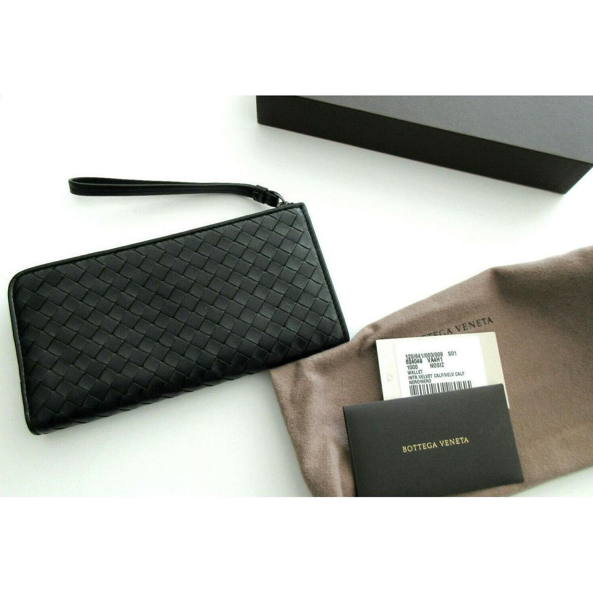 Bottega Veneta Wristlet Intrecciato Woven Leather Black Zip Around Wallet W Box