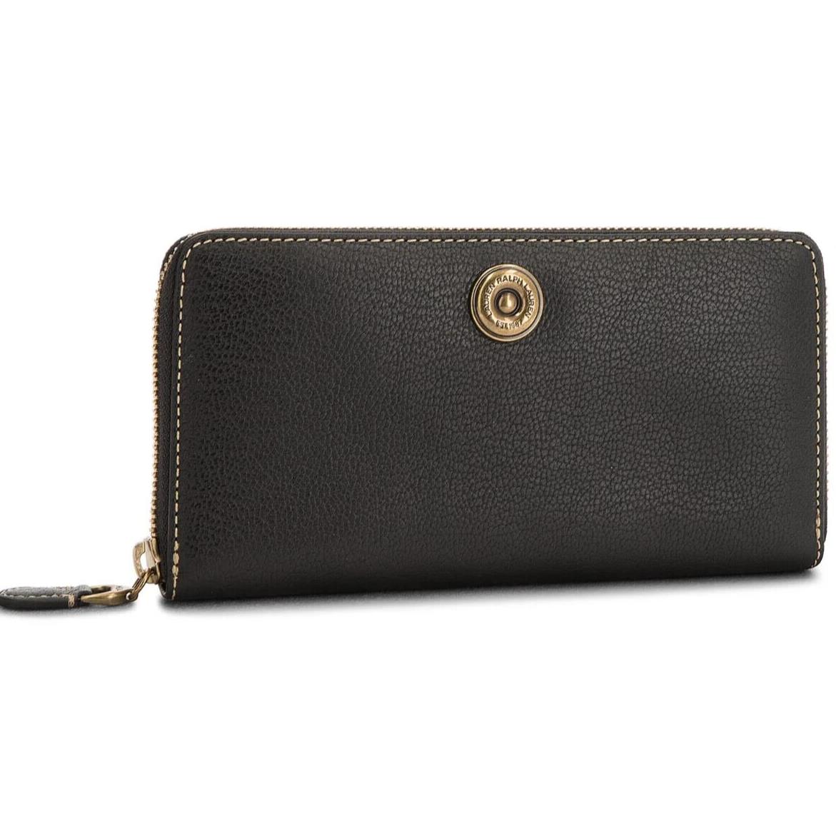 Ralph Lauren Millbrook Wallet Zip Around Brass Pebbled Leather Black/truffle