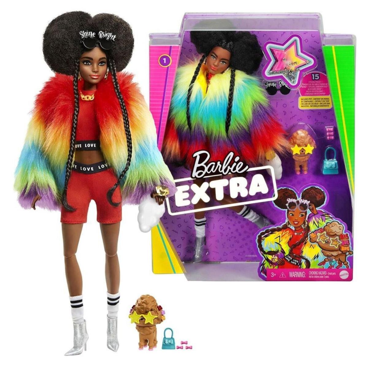 Barbie Extra Doll 1 in Furry Rainbow Coat with Pet Poodle Mattel Gift Set GVR04