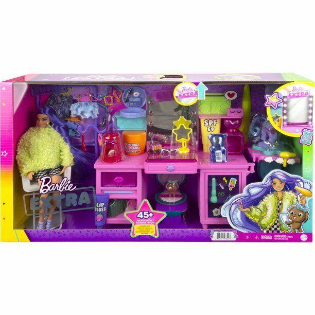 Barbie Extra Doll Vanity Playset w/ Exclusive Doll Pet Puppy 45+ Pcs