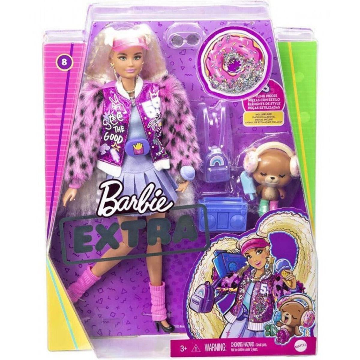 Barbie Extra Doll 8 GYJ77 in Varsity Jacket with Furry Arms Pet Teddy Bear