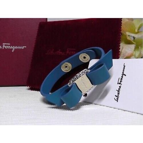 Salvatore Ferragamo Sky/teal Leather Embellished Vara Bow Bracelet 7.5``L